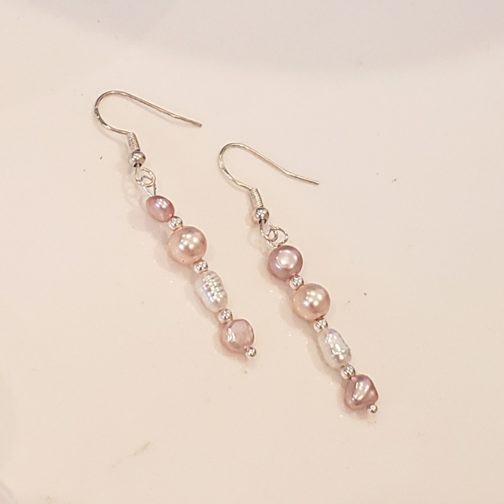 NWT 925 Sterling Silver Rose Pearls Crystals DROP DANGLE EARRINGS  1" Authentic